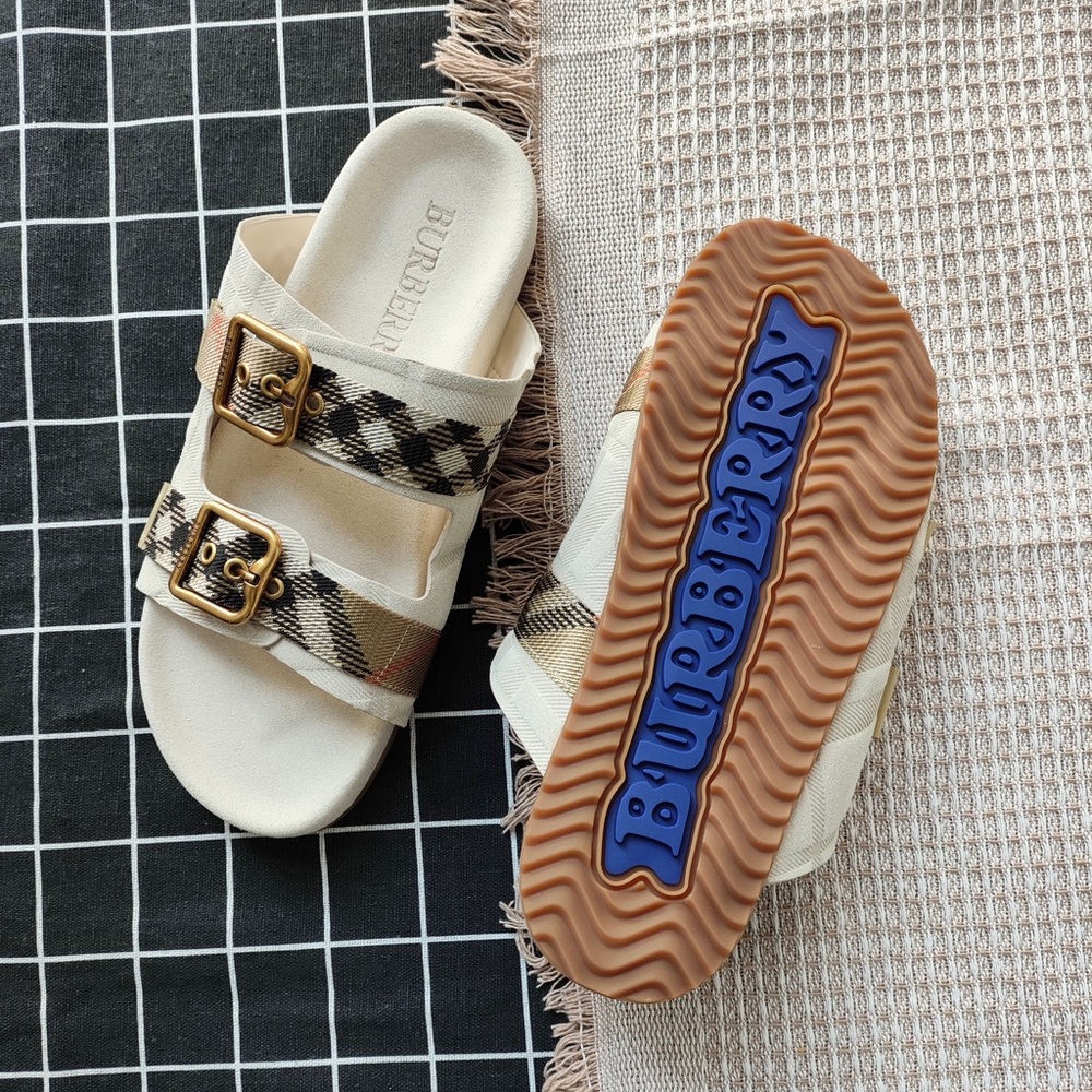 Burberry Cream Check Double-Buckle Slide Sandals with Blue Logo Sole